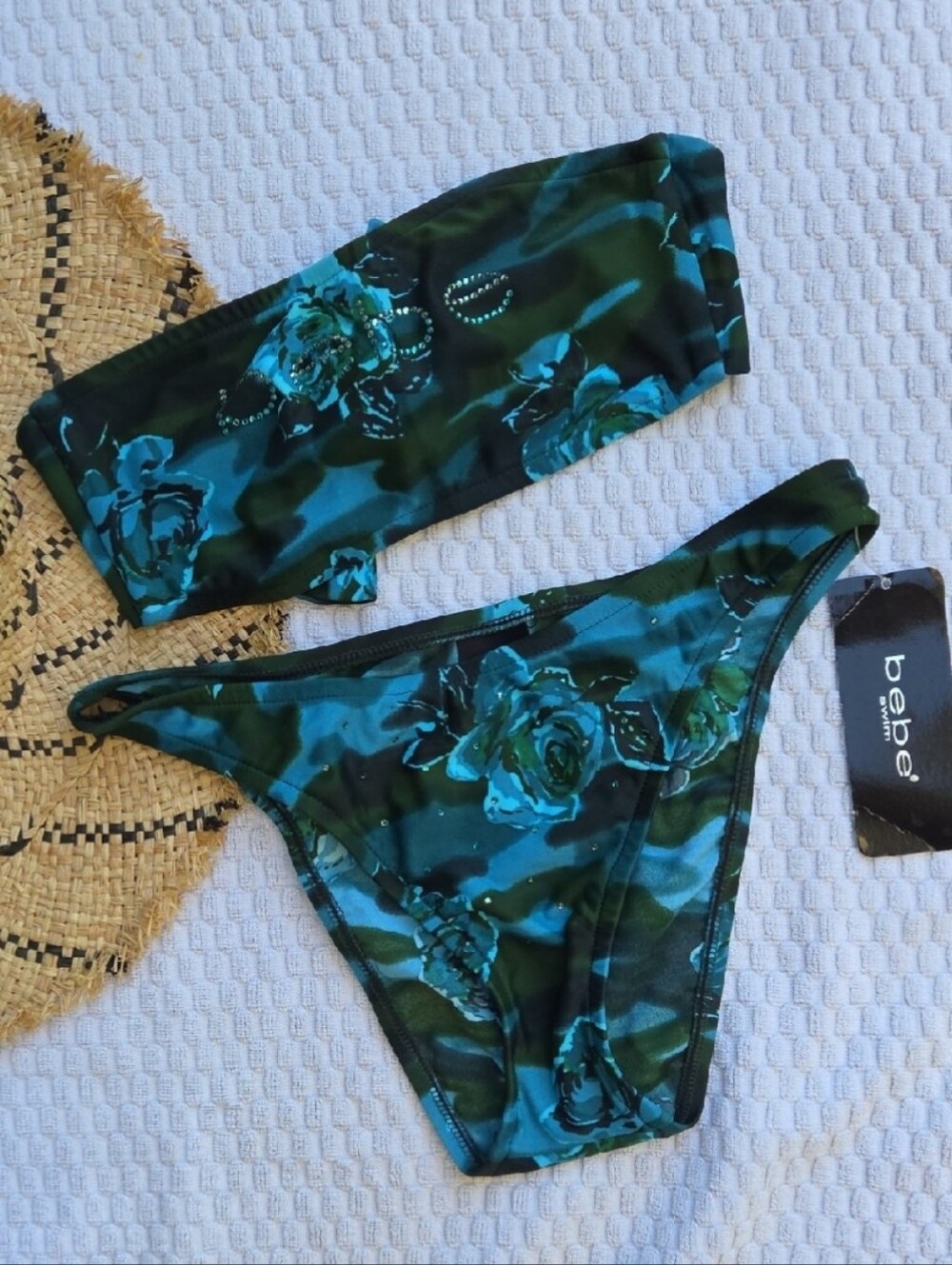 NWT! Vintage Y2k Bebe Floral Rhinestone Logo Bandeau Bikini Set- Deadstock Small